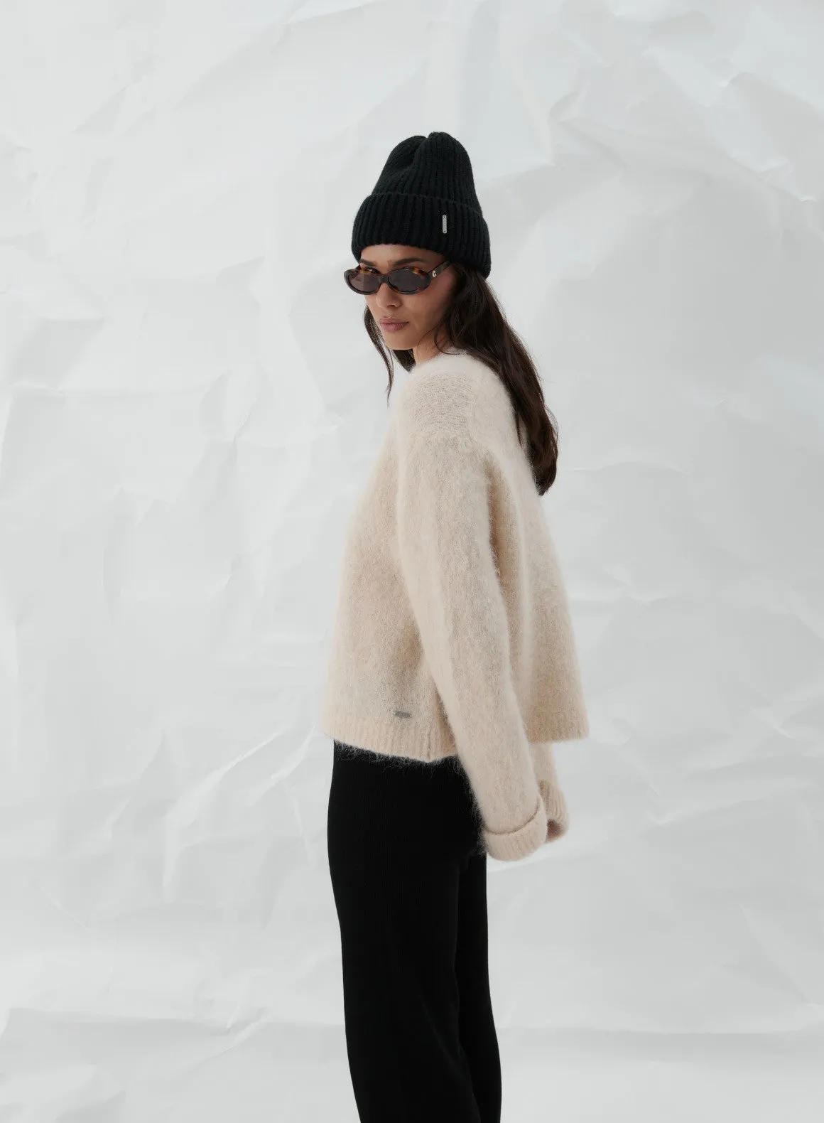 Hemmed Crochet Caf?? Au Lait Alpaca Knit Sweater