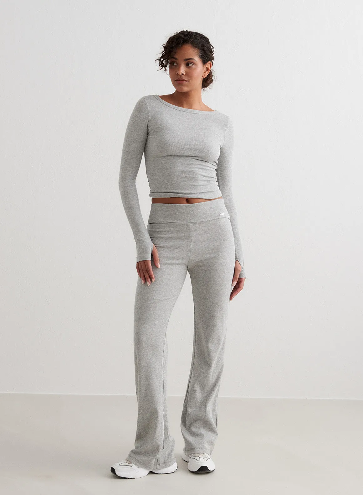 Multi Stitch Reinforcement Grey Melange Ease Ribbed Long Sleeve Top