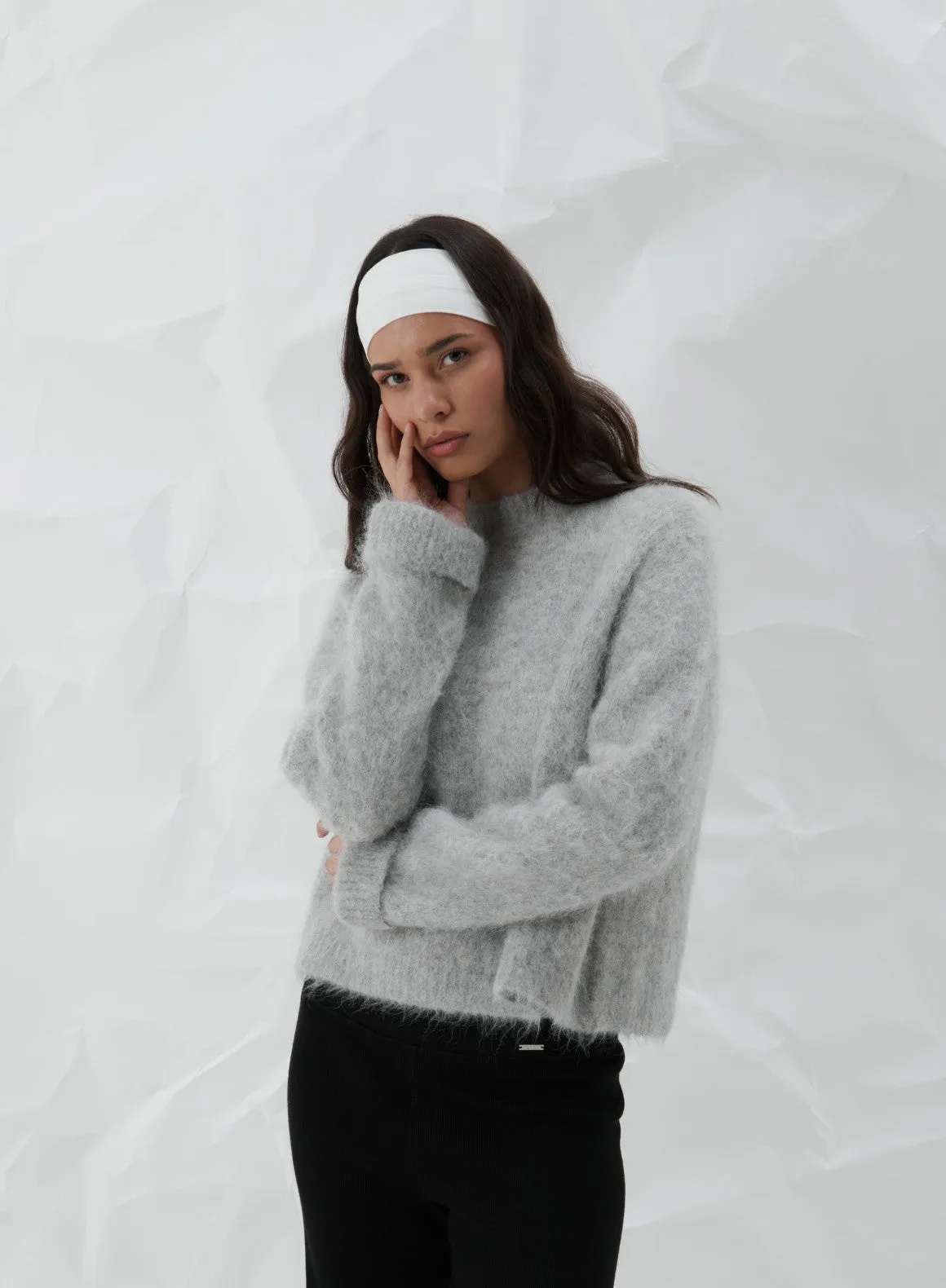 simple design Grey Melange Alpaca Knit Sweater