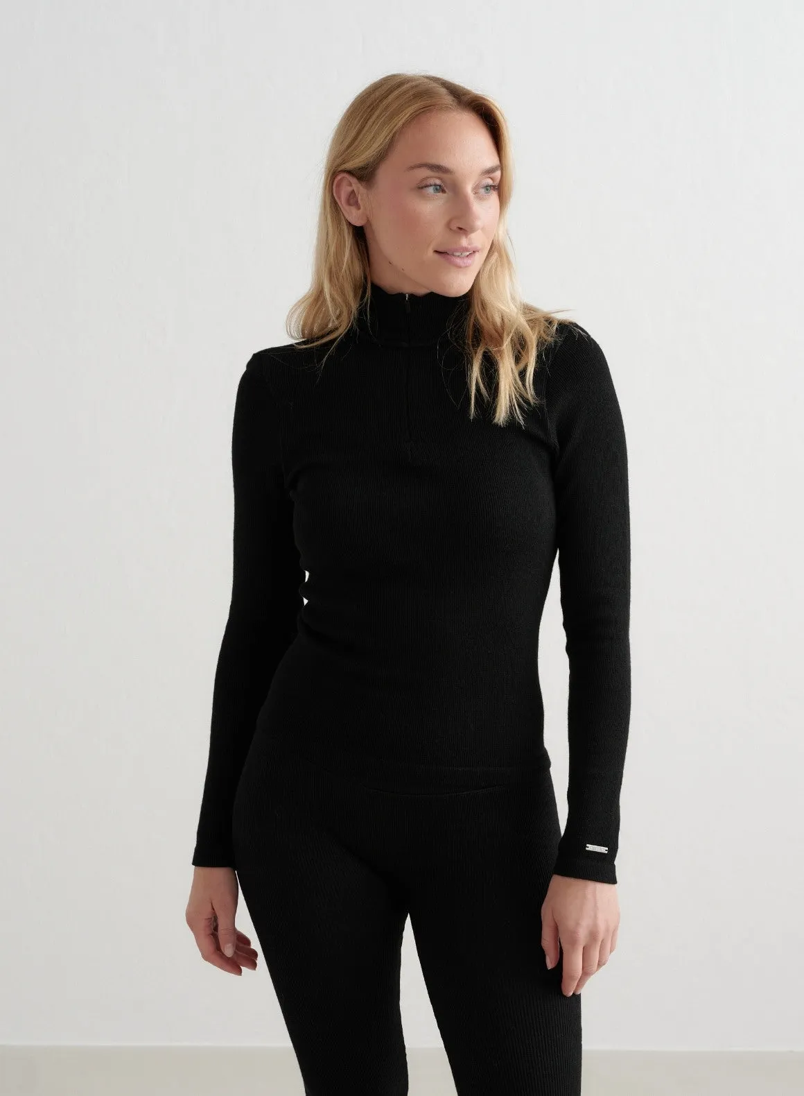Black Ribbed Wool Half Zip Classic Style floral