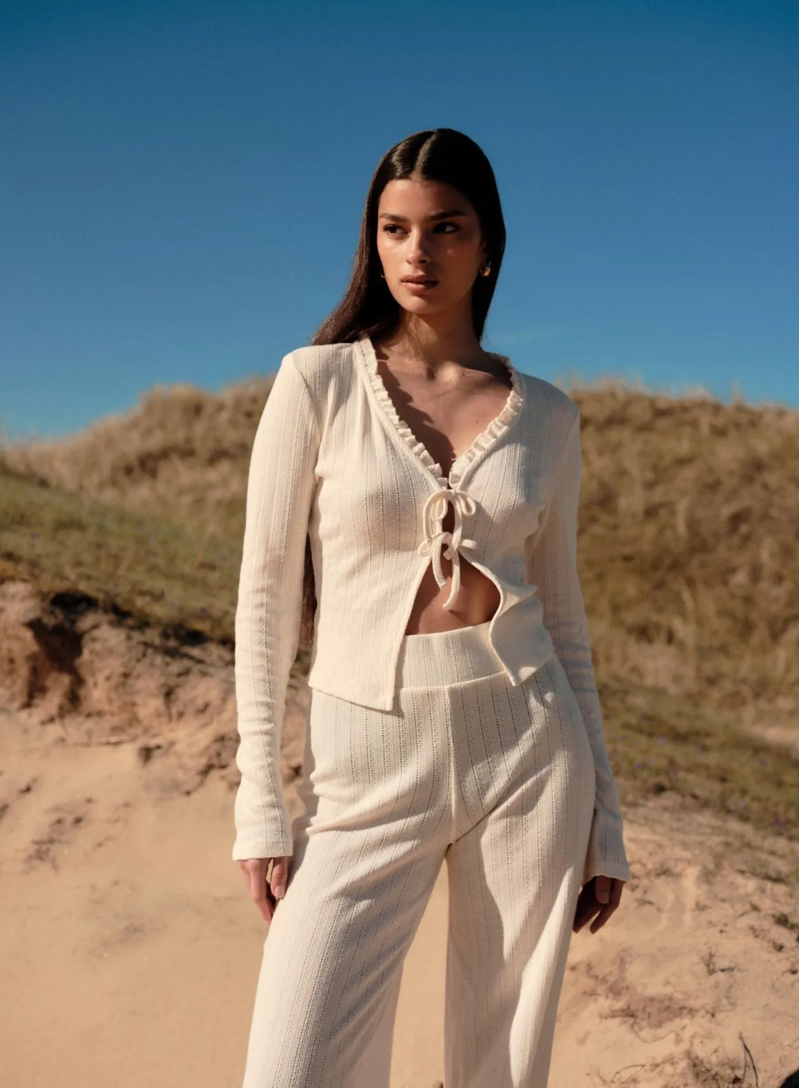 Almond White Pointelle Cardigan Glossy embroidery