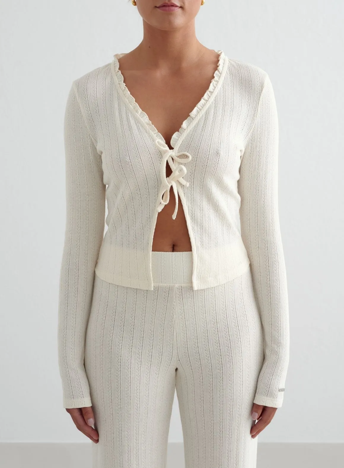 Photo Zip Up Almond White Pointelle Cardigan