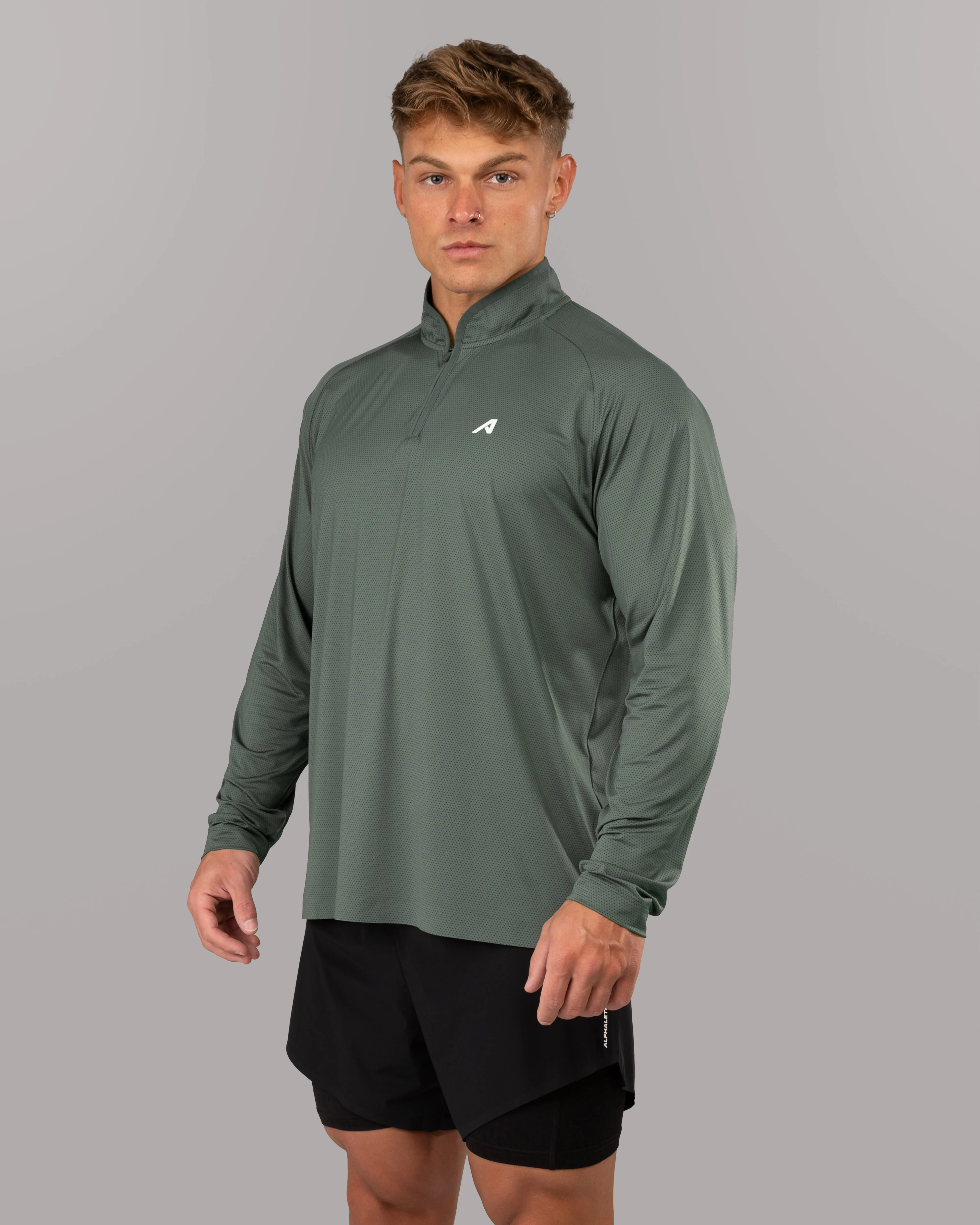 Floral Motif Anti Pilling Technology Racer Quarter Zip - Muted Sky