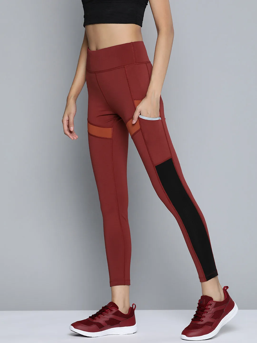 Alcis Women Maroon and Orange Colourblocked Tights Dance Studio Extra Soft