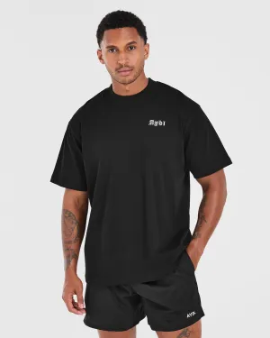 Layered Collar Structure Mind of Steel Oversized T Shirt - Black