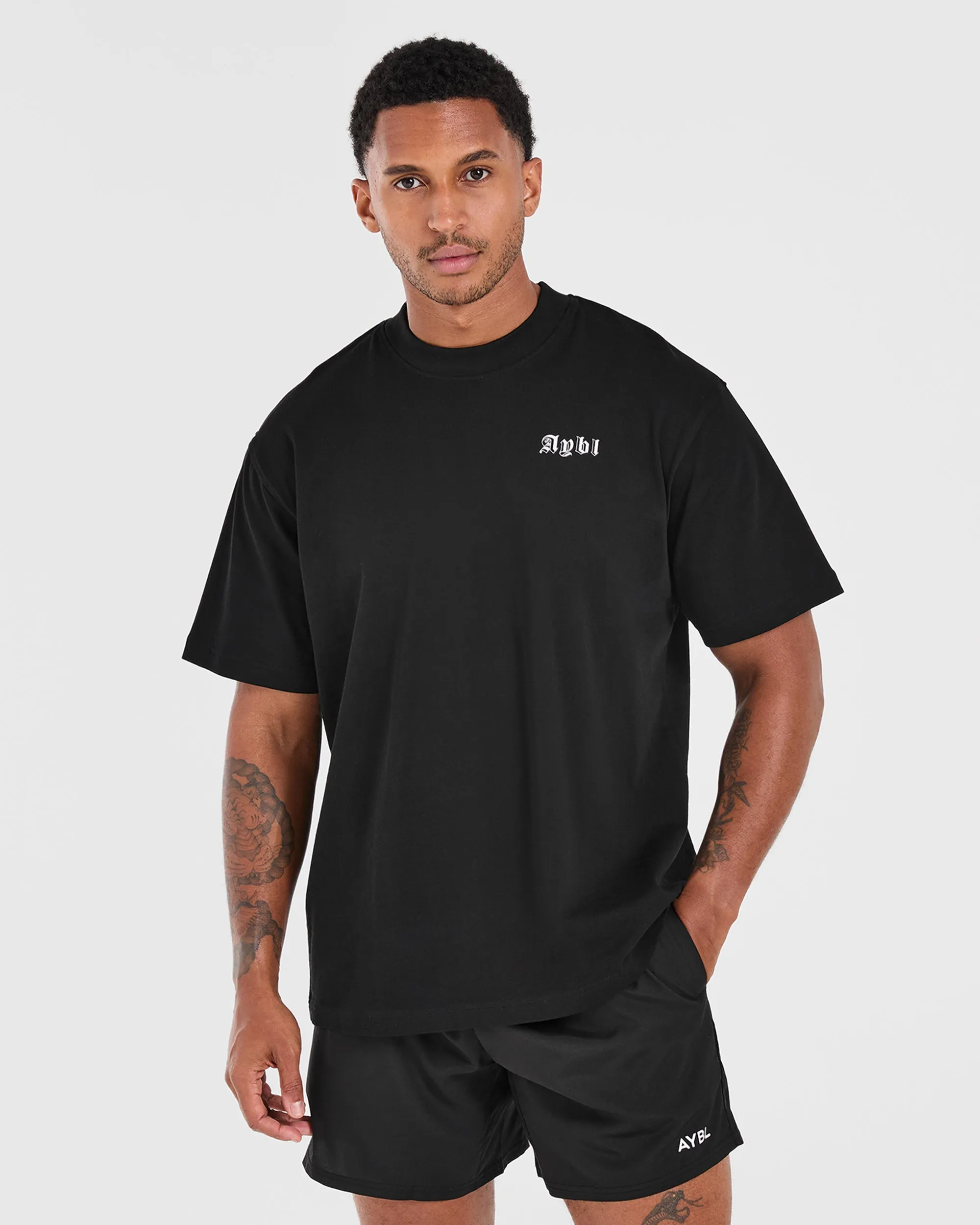Layered Collar Structure Mind of Steel Oversized T Shirt - Black