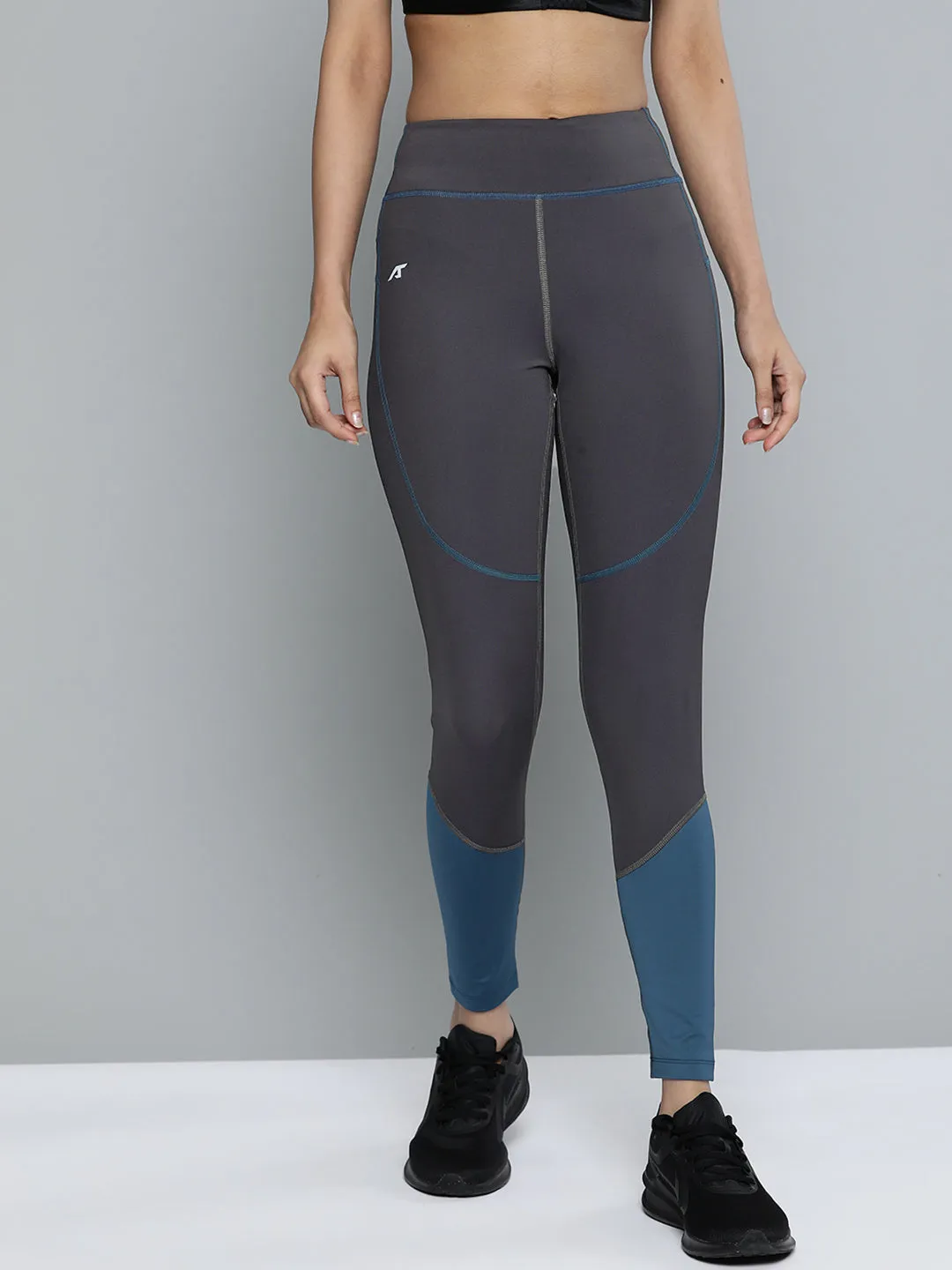 Alcis Women Grey Teal Blue Colourblocked Tights Beginner Level Holiday Outfit