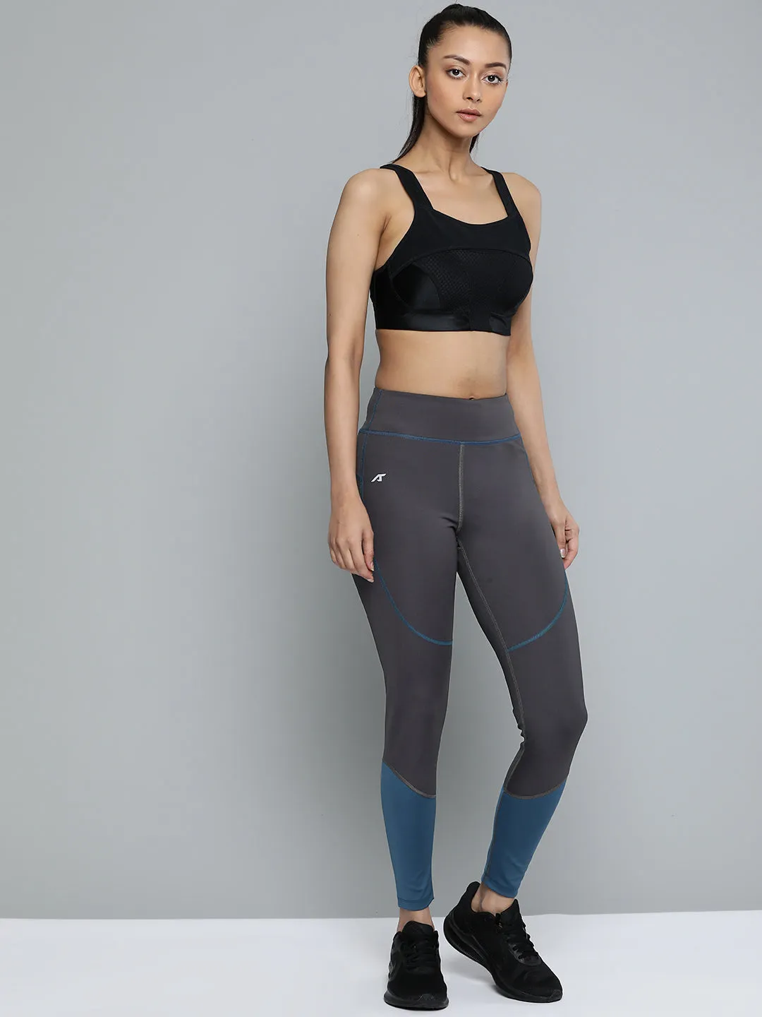 Laser Cut Edges Motion Support Alcis Women Grey Teal Blue Colourblocked Tights