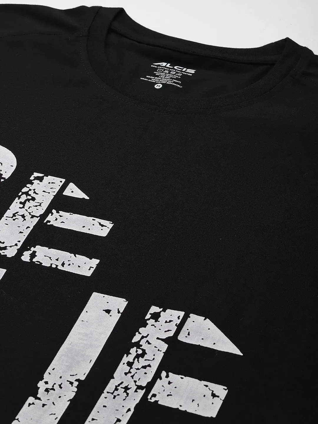 Alcis Men Black White Typography Printed T-shirt AllSeasonWear AntibacterialMaterial
