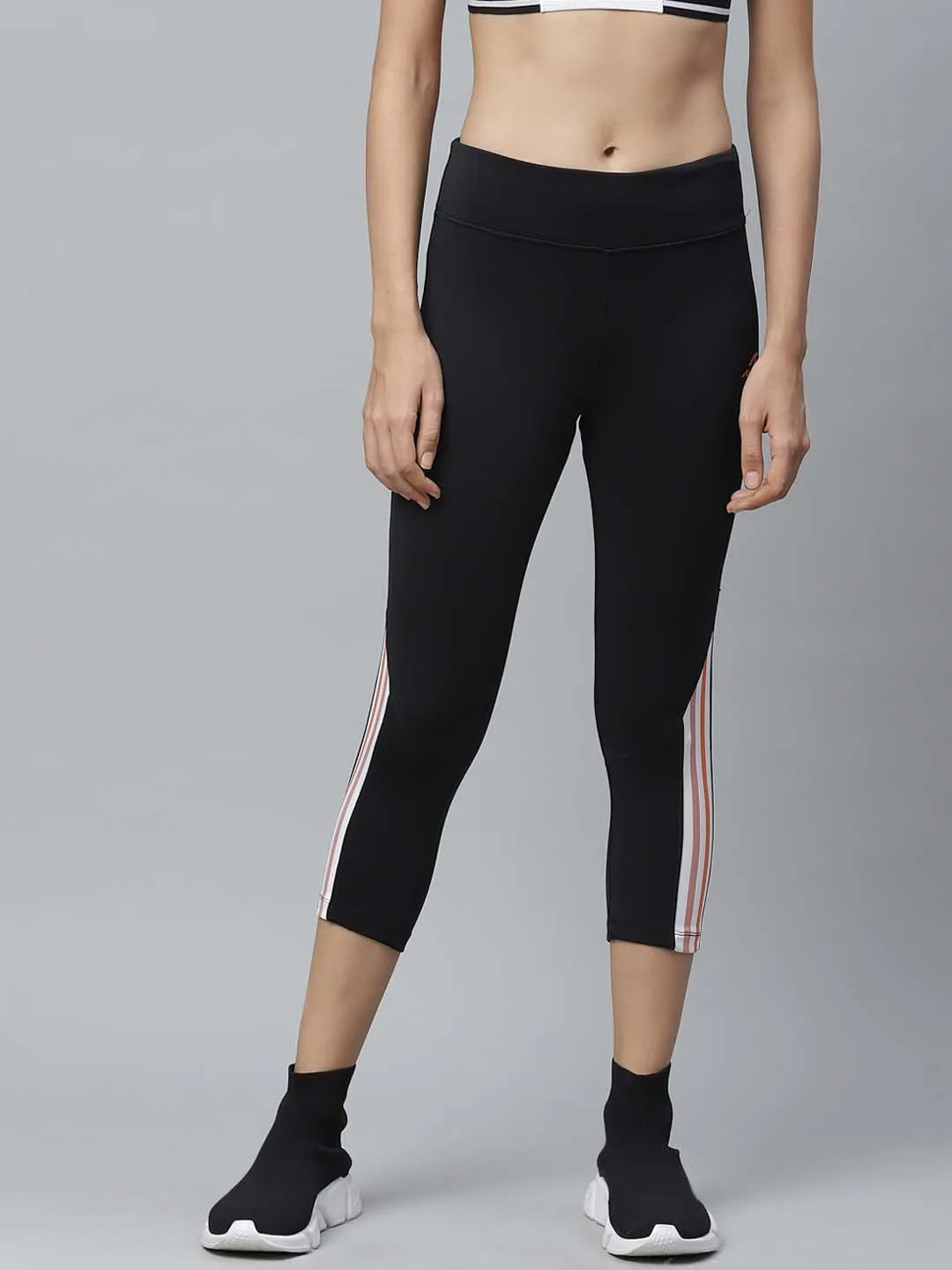 Alcis Women Black Striped Detail Fitted Training Three Fourth Tights Flattering Cut Eco Shopper Pilates Session