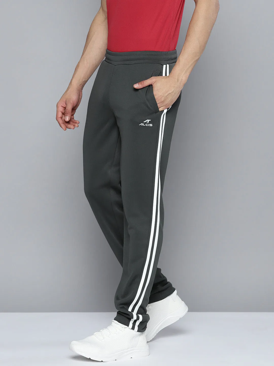 Alcis Men Grey Solid Track Pants Striped Pattern Water Repellent
