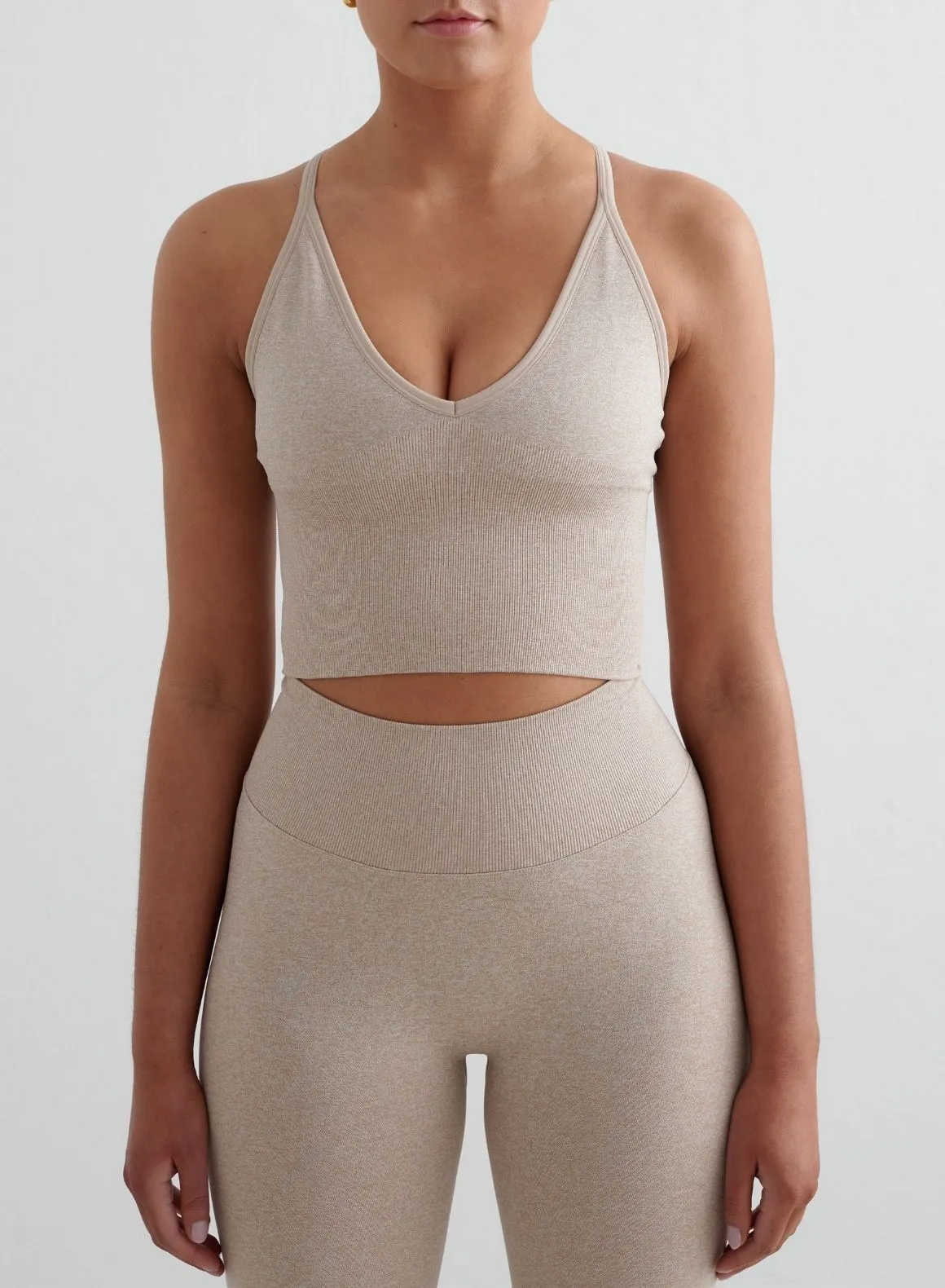 Beige Melange Shape Seamless Cross Back Bralette explosion - resistance test passed