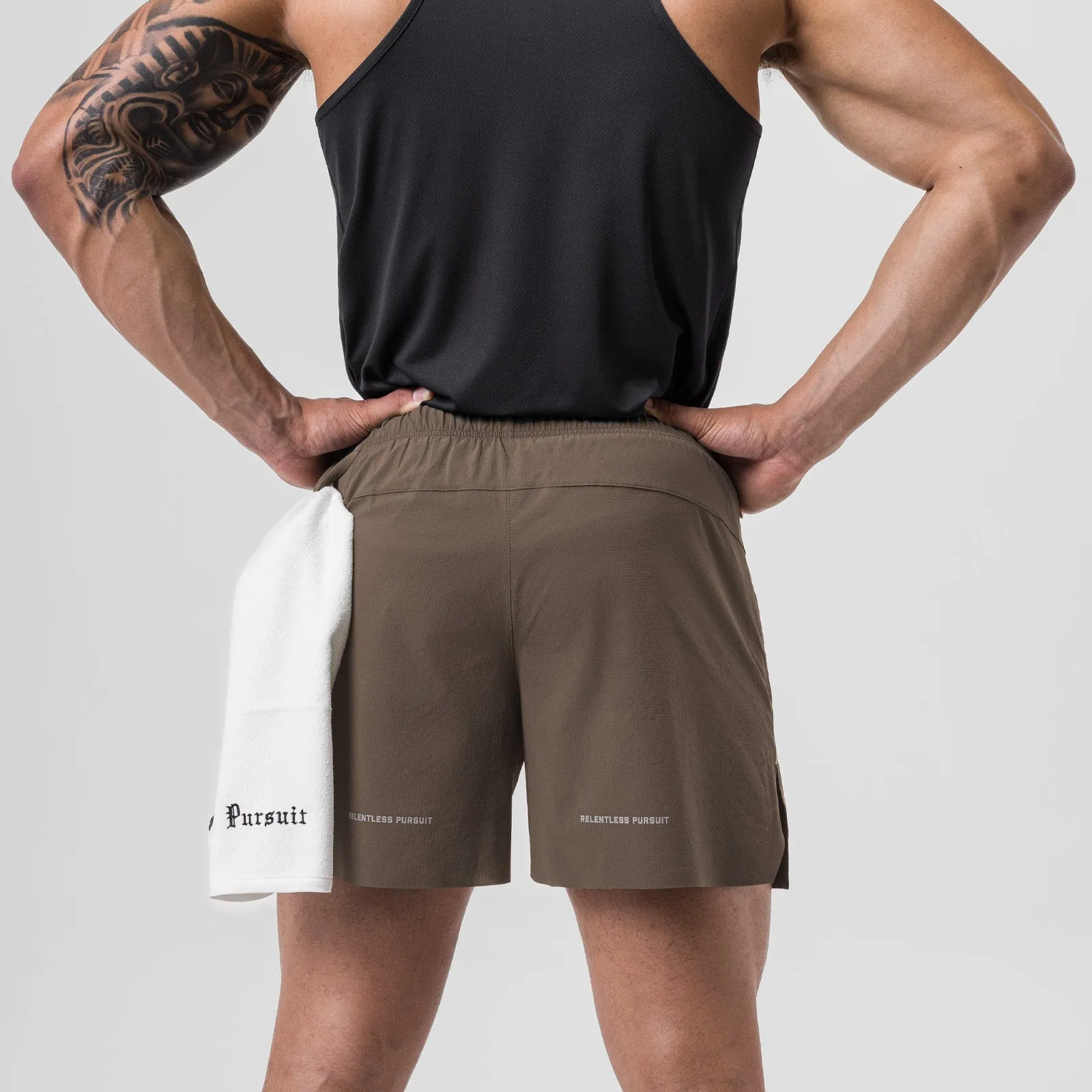 0737. Ripstop 6" Perforated Short - Deep Taupe Geometric Pattern