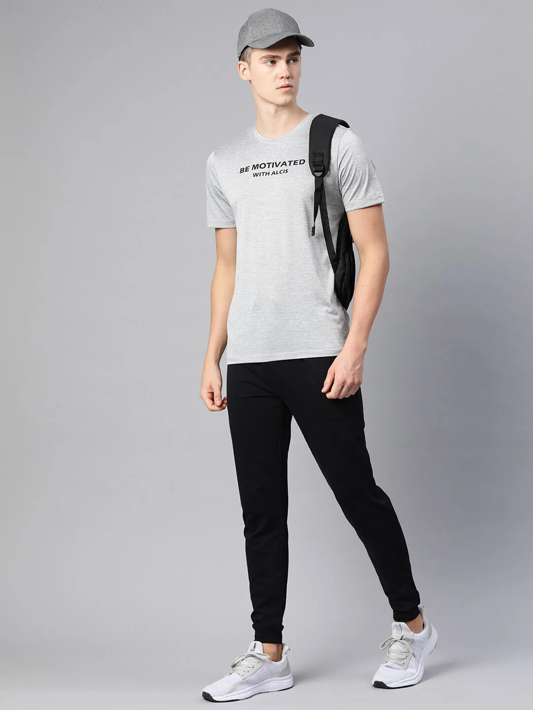 LowMaintenance Material Future Glow Alcis Men Grey Typography Printed Dry Tech Slim Fit T-shirt