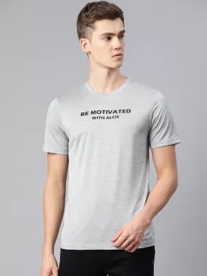 Alcis Men Grey Typography Printed Dry Tech Slim Fit T-shirt HiddenZipperClosure