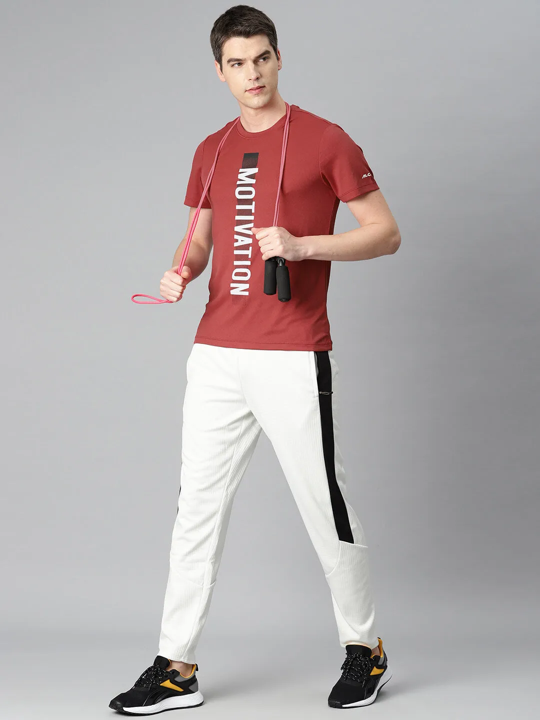 Alcis Men Red Typography Printed Anti Static Slim Fit Sports T-shirt CoolingChannelFabric