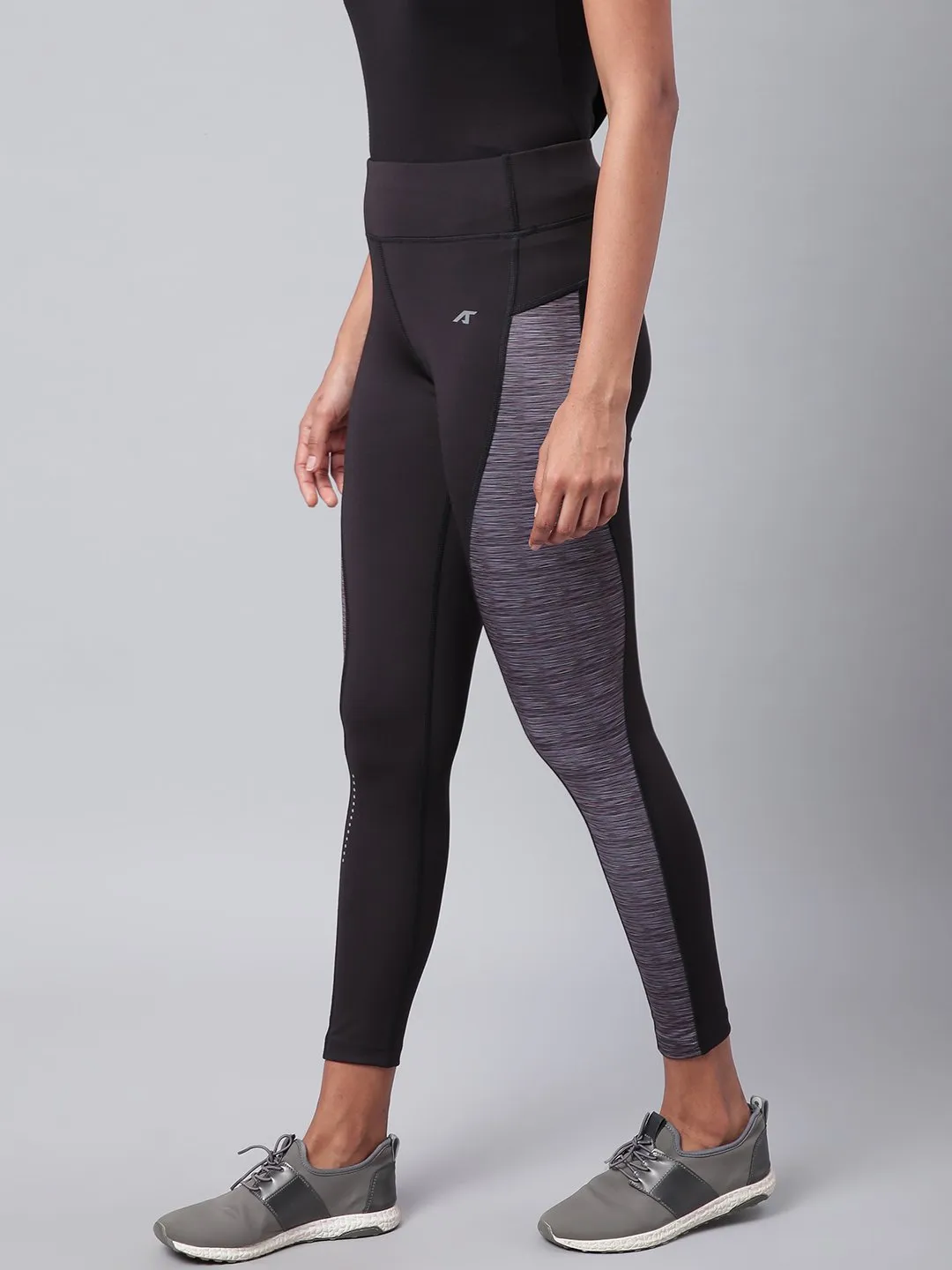 Cross Waist Design Modern Cut Alcis Women Black Grey Colourblocked Secure Fit Cropped Training Tights