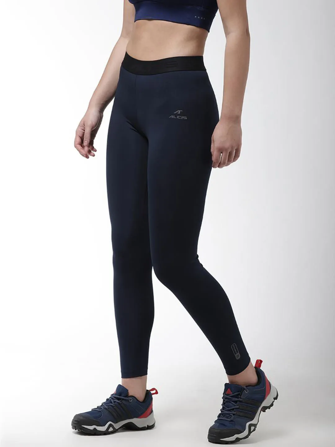 Alcis Women Navy Blue Solid Compression Training Tights Soft Touch Summer Wear Sweat Wicking