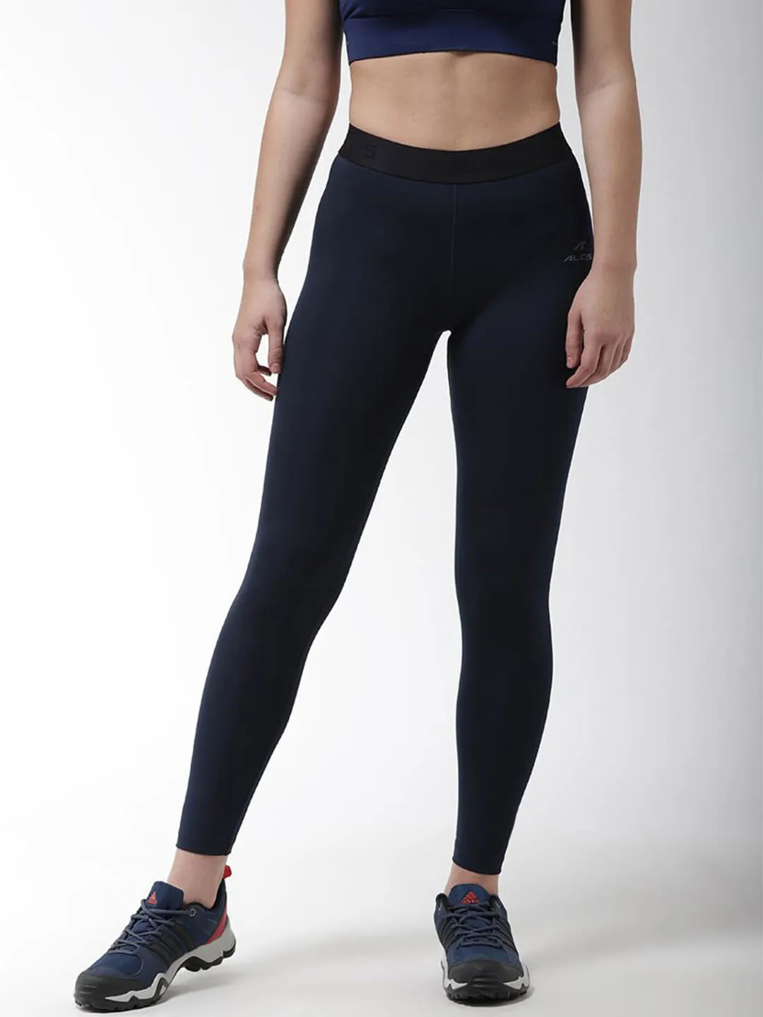Alcis Women Navy Blue Solid Compression Training Tights Studio Practice Maternity Wear Airflow Vents