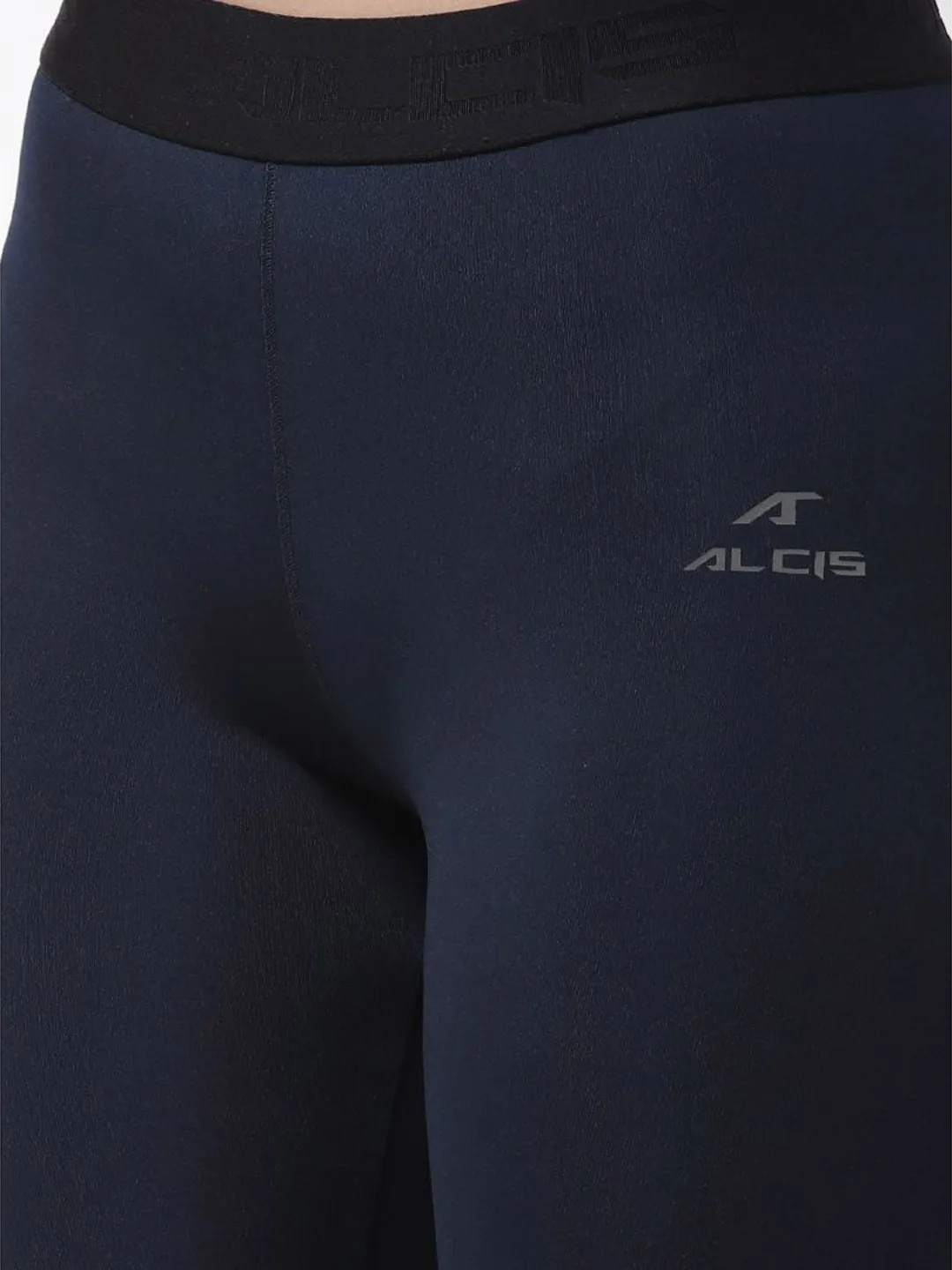 Quick Dry Home Lounge Seamless Design Fitness Training Alcis Women Navy Blue Solid Compression Training Tights