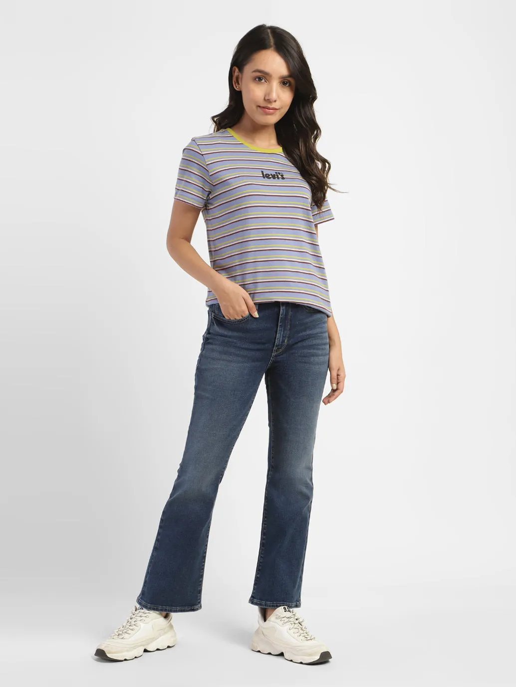 Women's 725 Blue Flared Fit Mid Rise Jeans Night Out Neutral Textured