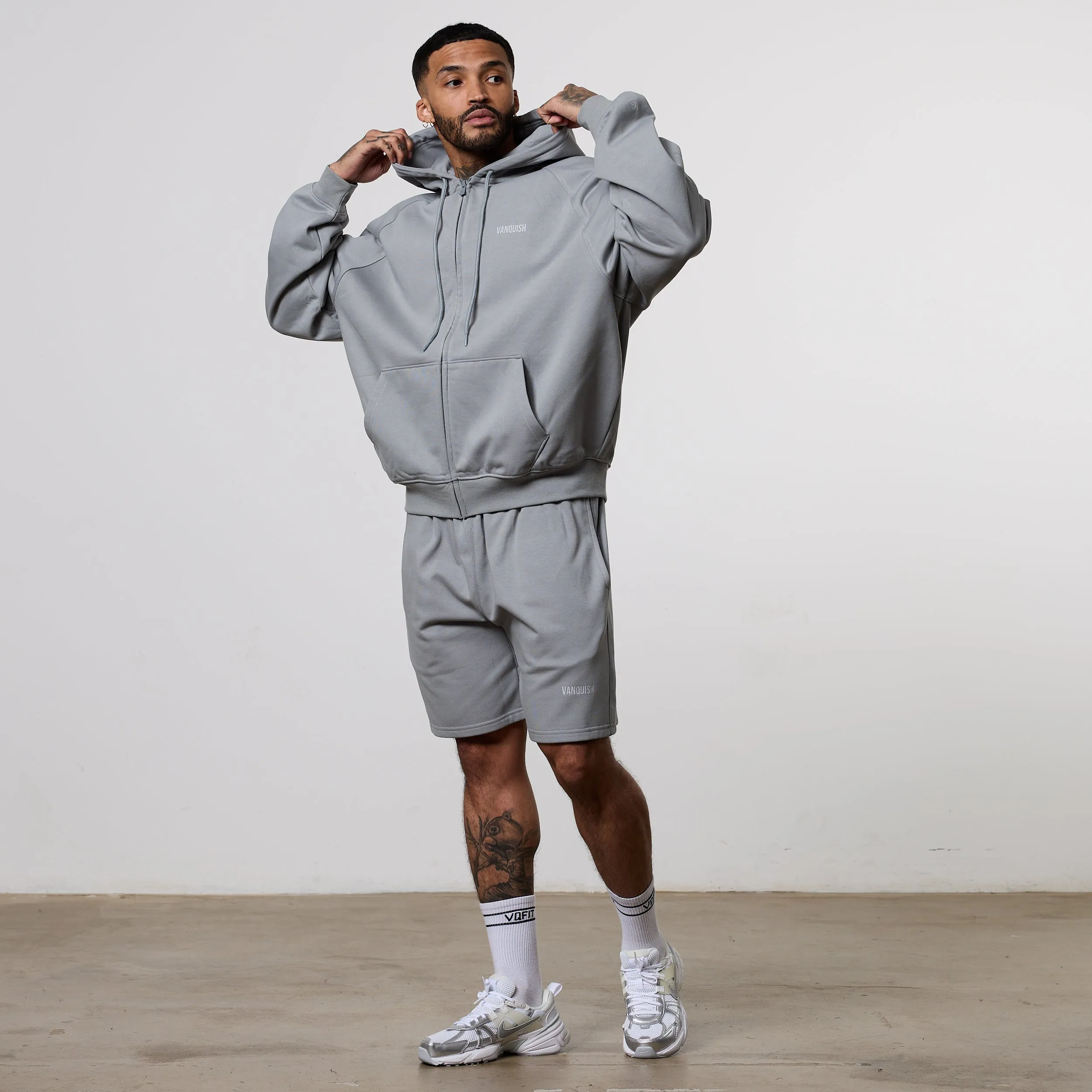 Vanquish Essential Steel Grey Oversized Boxy Hoodie Front Pouch Tulle accents