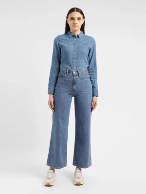 Sustainable Dye Methods Women's Blue Ribcage Bell Bottom Wide Leg Fit High Rise Jeans