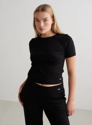 Weekend Fashion Black Ease Ribbed Short Sleeve