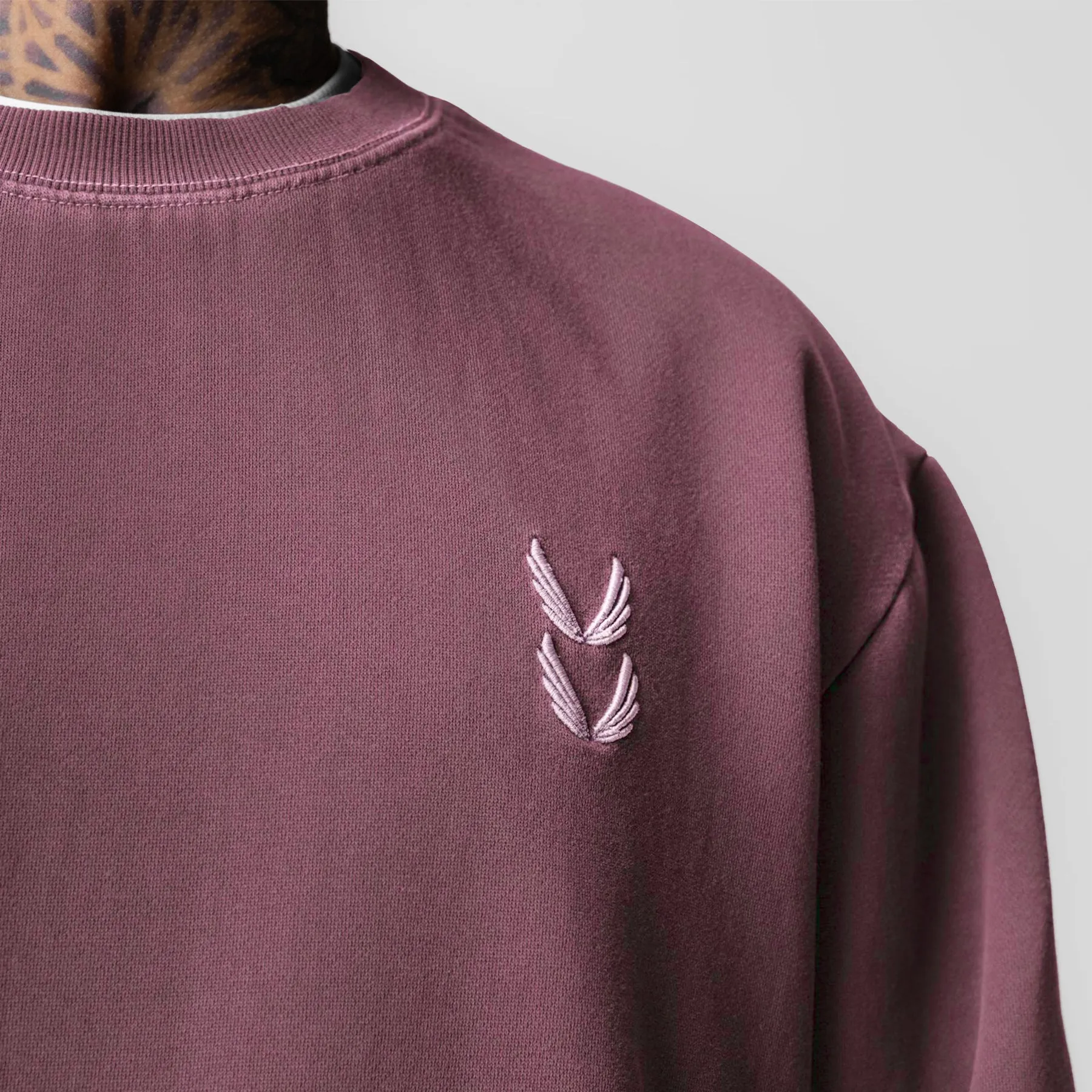 0861. Tech Essential? Distressed Crewneck - Faded Crimson Low Profile Hood Hare like