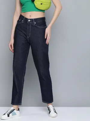 Women's 80s Mom Navy Blue Loose Fit High Rise Jeans Unfaded Hemline