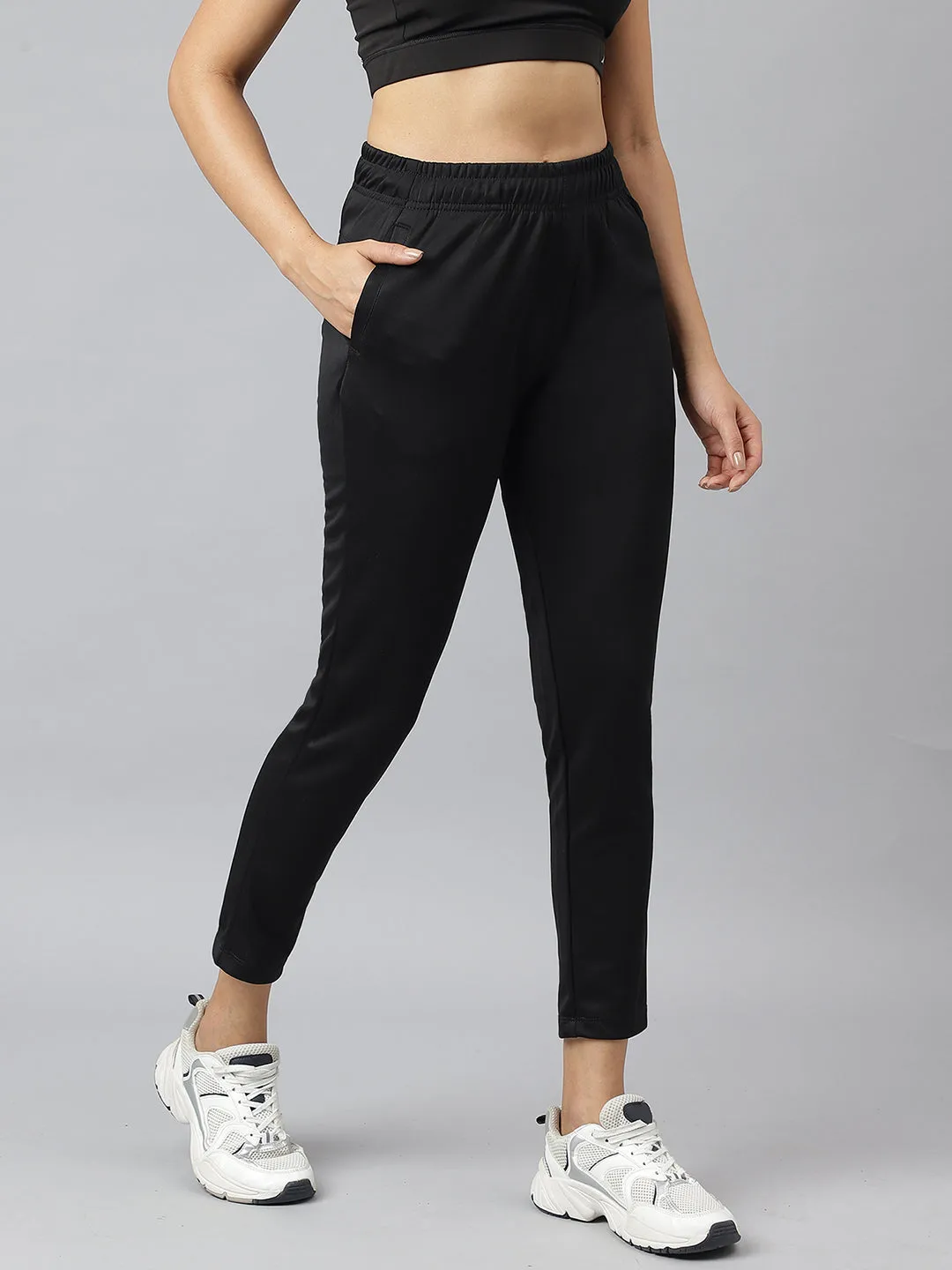 Breathable mesh Alcis Women Black Anti-Static Soft-Touch Slim-Fit Training Track Pants