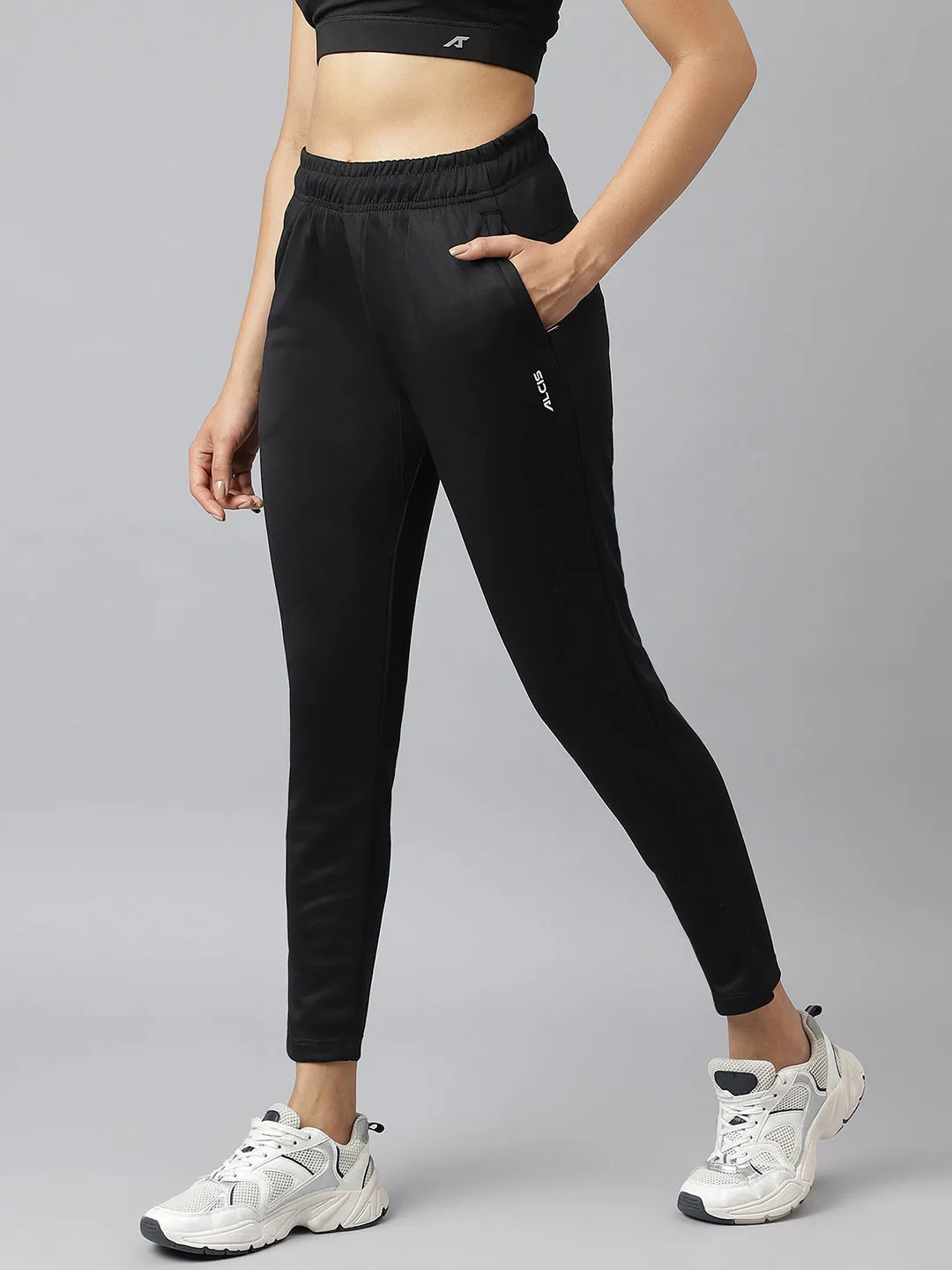 Cropped hem Alcis Women Black Anti-Static Soft-Touch Slim-Fit Training Track Pants