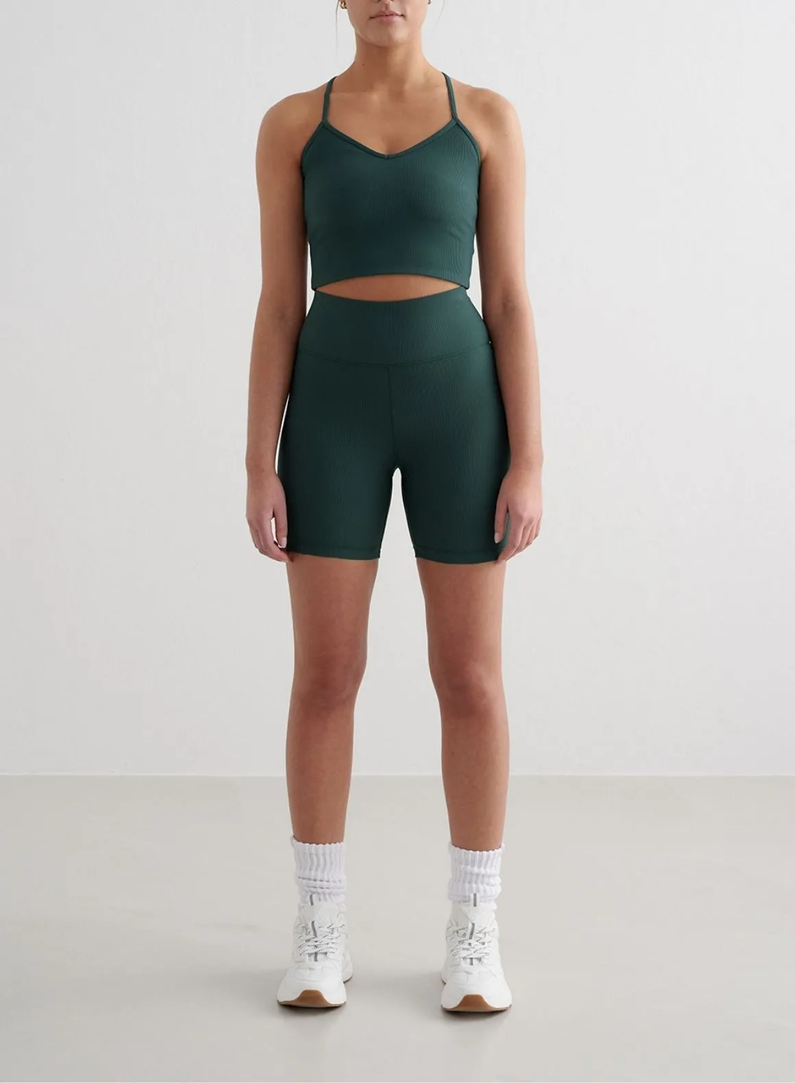 Deep Emerald Ribbed Performance Midi Biker Shorts Sweat Wicking Fabric