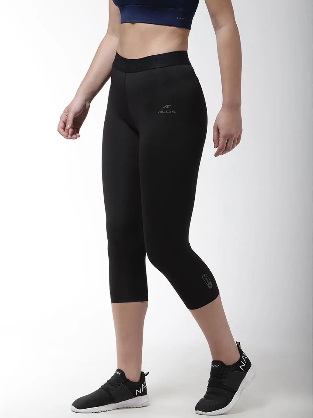 Alcis Women Black Solid 3/4th Compression Training Tights Postpartum Fit Daily Routine Pro Athlete Travel Outfit