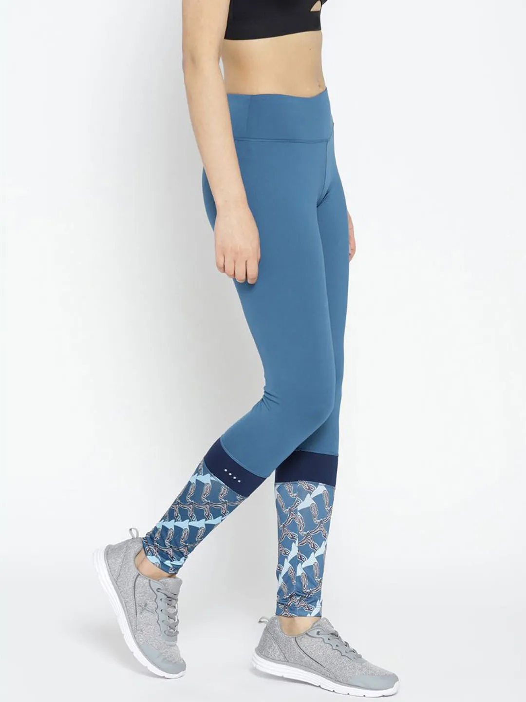 Alcis Women Teal Blue Solid Running Tights with Printed Detail Adjustable drawstring