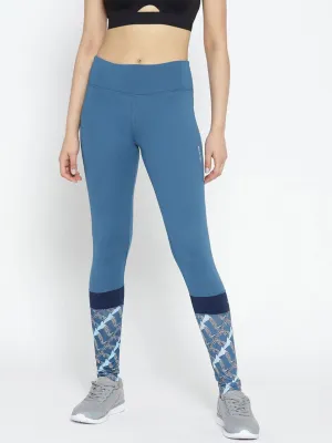 Stretch Fit Weekend Trip Alcis Women Teal Blue Solid Running Tights with Printed Detail