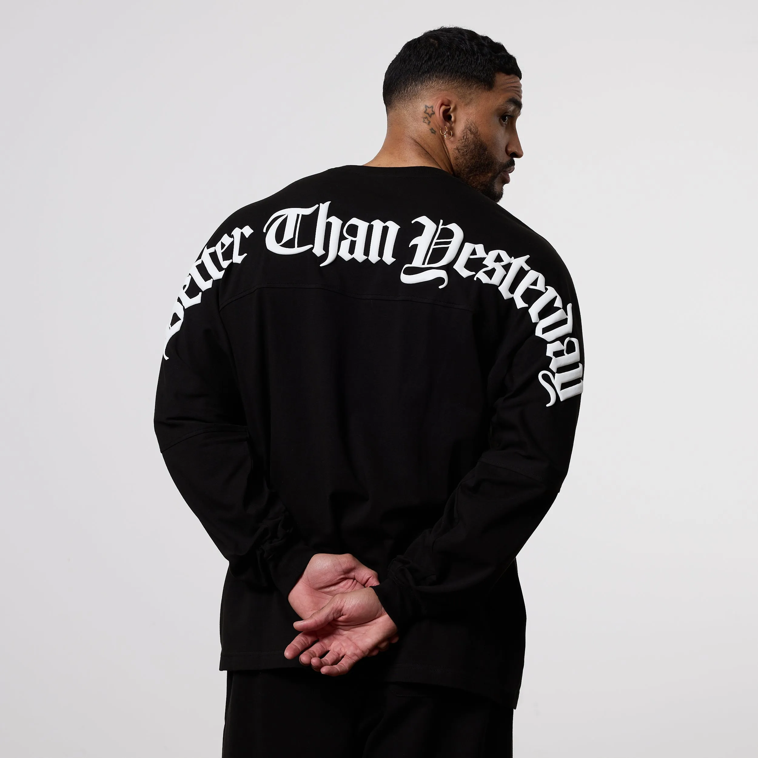 Vanquish Dark Script Black Oversized Long Sleeve T-Shirt Tagless Neckline TexturedWeavePattern