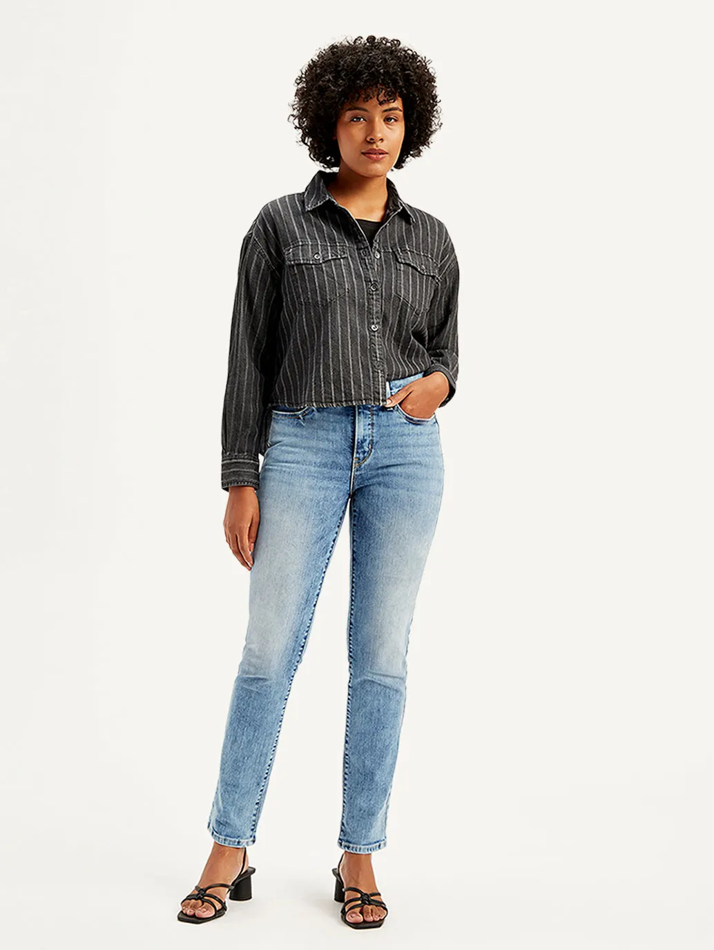 Women's 312 Blue Straight Fit Mid Rise Jeans Fit Focus Adjustable Belt Loops