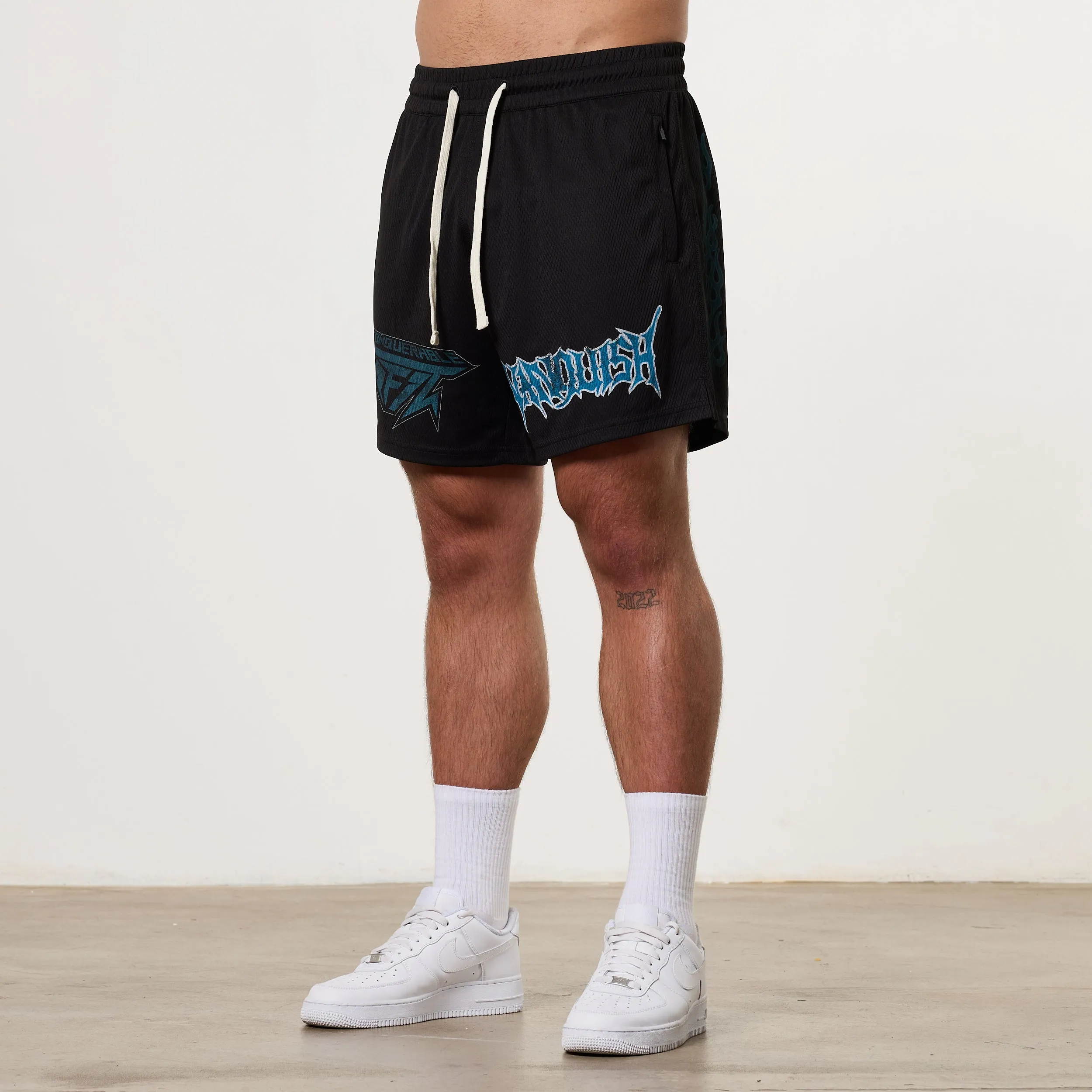 Neutral Tones Vanquish Grunge Black Mesh Shorts