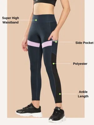 Alcis Women Navy Blue & Black Colourblocked Tights Refined fit