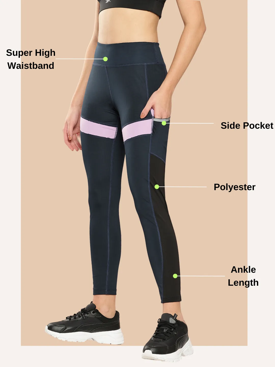 Alcis Women Navy Blue & Black Colourblocked Tights Refined fit