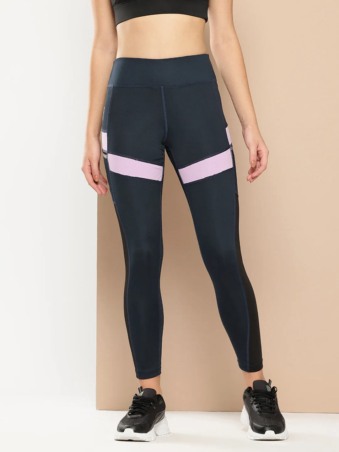 Mesh Panel Outdoor Running Alcis Women Navy Blue & Black Colourblocked Tights