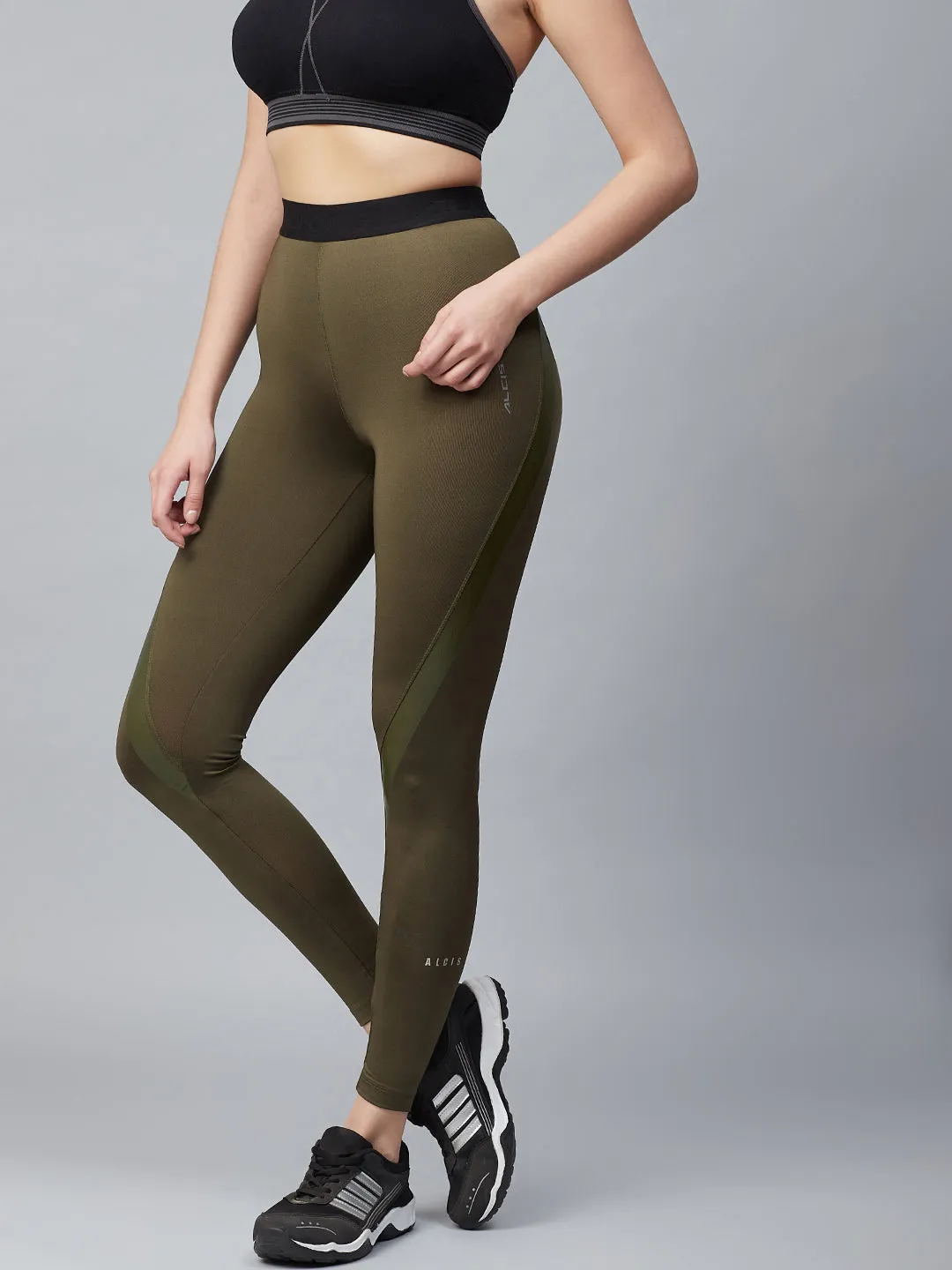 Alcis Women Olive Green Solid Knitted Running Tights Travel Friendly For Teens Shape Retain