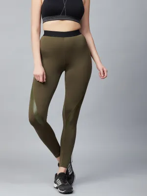Alcis Women Olive Green Solid Knitted Running Tights Active Essential