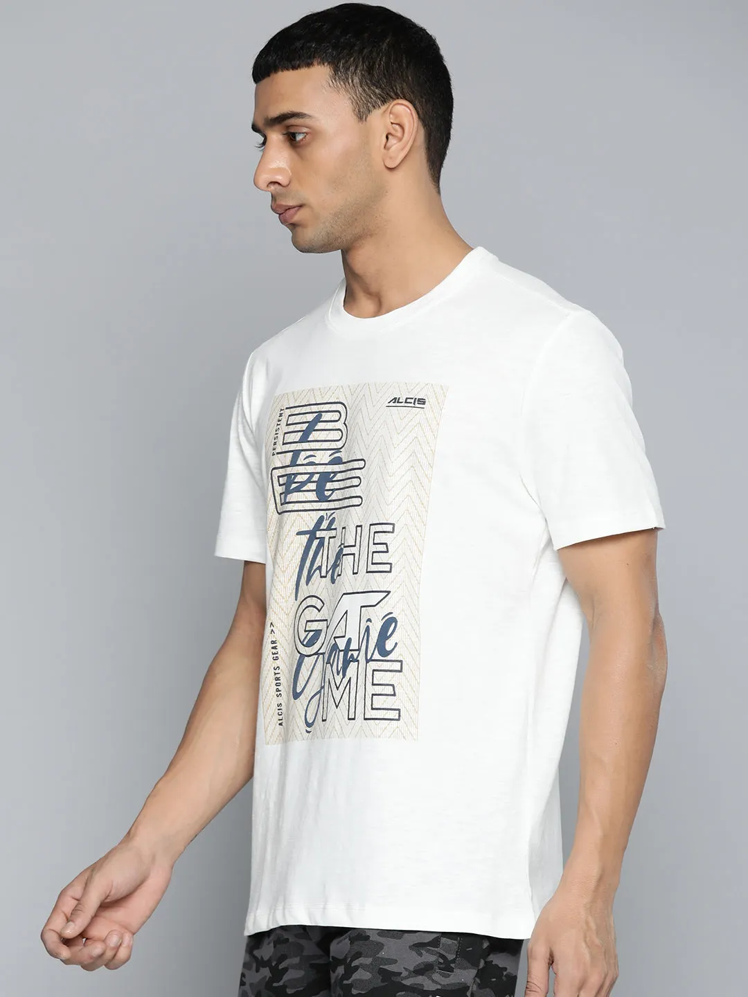 Hero Mode Durable Construction Alcis Men White & Beige Typography Printed Slim Fit T-shirt