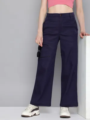 Durable Fabric Mid Rise Women's Redloop Navy Blue Ribcage Bell Bottom Wide Leg Fit High Rise Jeans