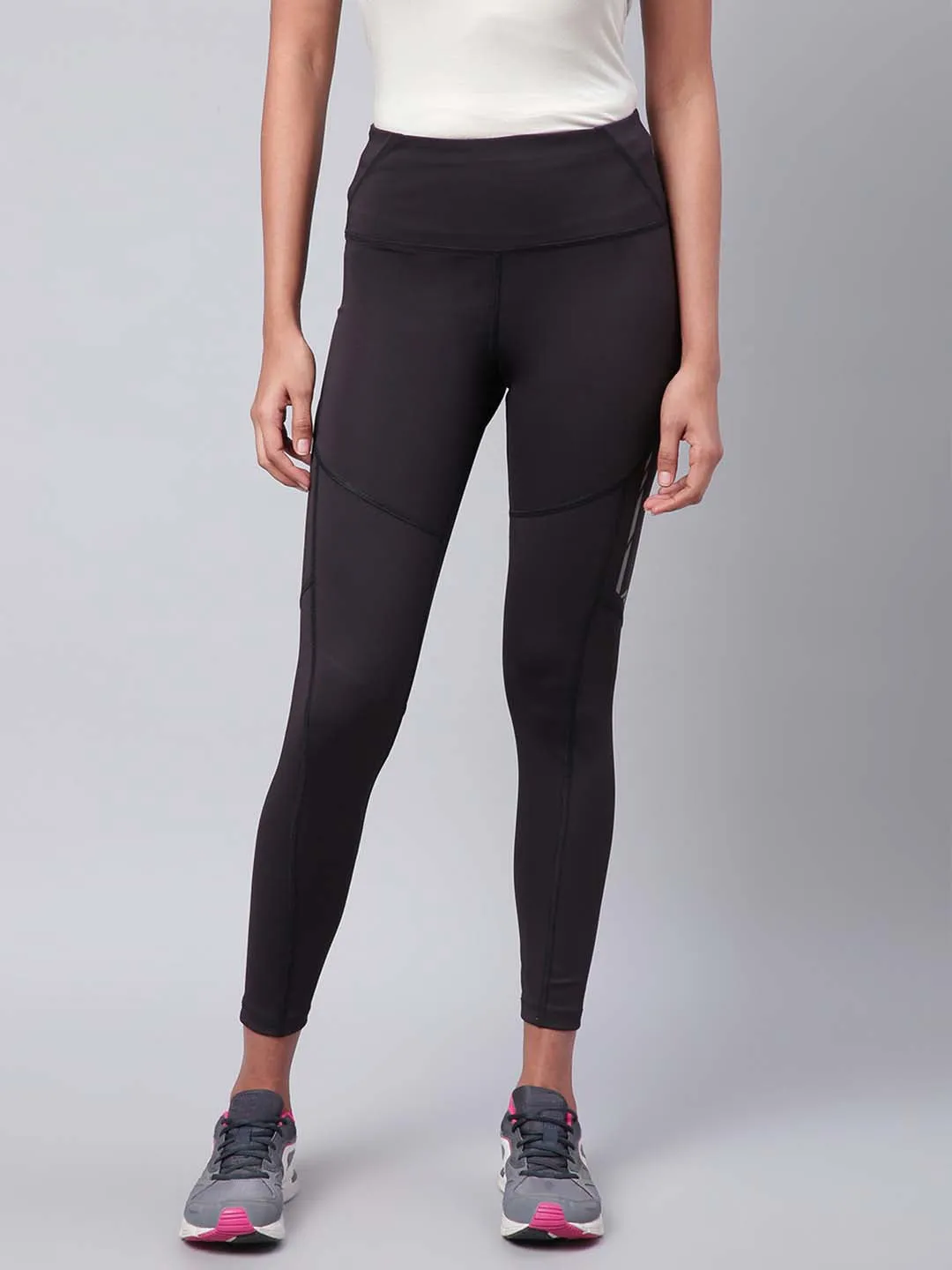 Alcis Women Black Drytech  Solid Cropped Training Tights All Purpose Reflective Logo Detail