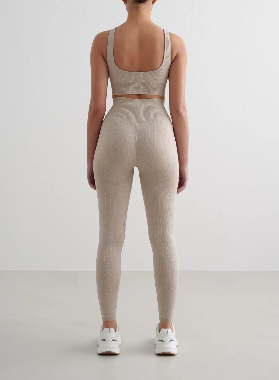 Beige Melange Ribbed Seamless Tights Beginner Level Seamless Design Hiking Trail Non See