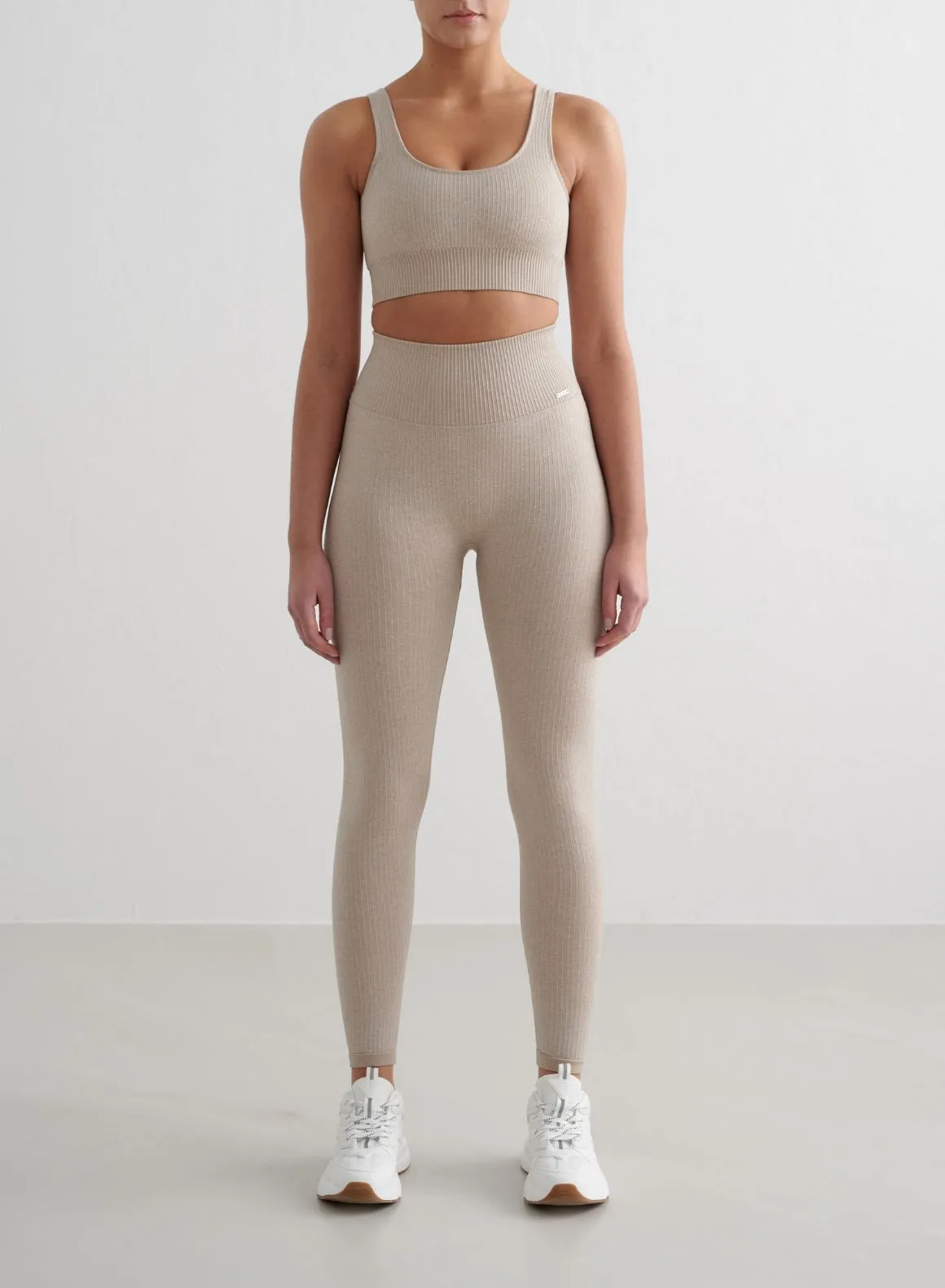 Beige Melange Ribbed Seamless Tights Stretch Form School Sports Plus Size