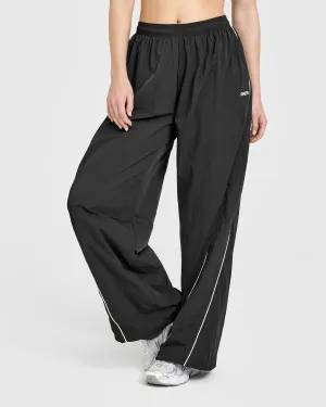 Low Maintenance HypoallergenicFabric Oversized Piped Woven Straight Leg Track Bottoms | Soft Black Casual Look